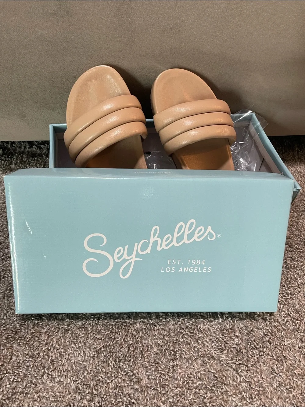 Seychelles Triple-Band Padded Slide Sandals in Light Tan